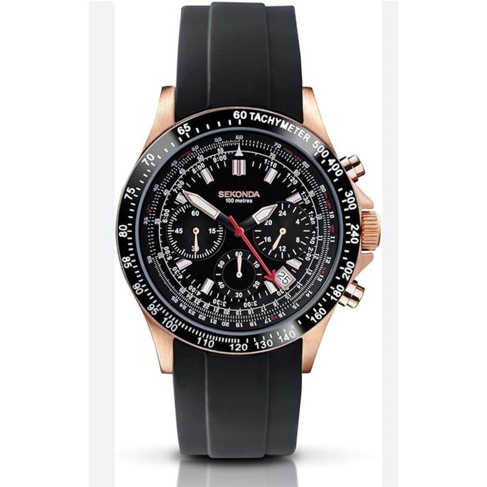 Sekonda 30063 Chronograph Watch Black Gold Leather Strap